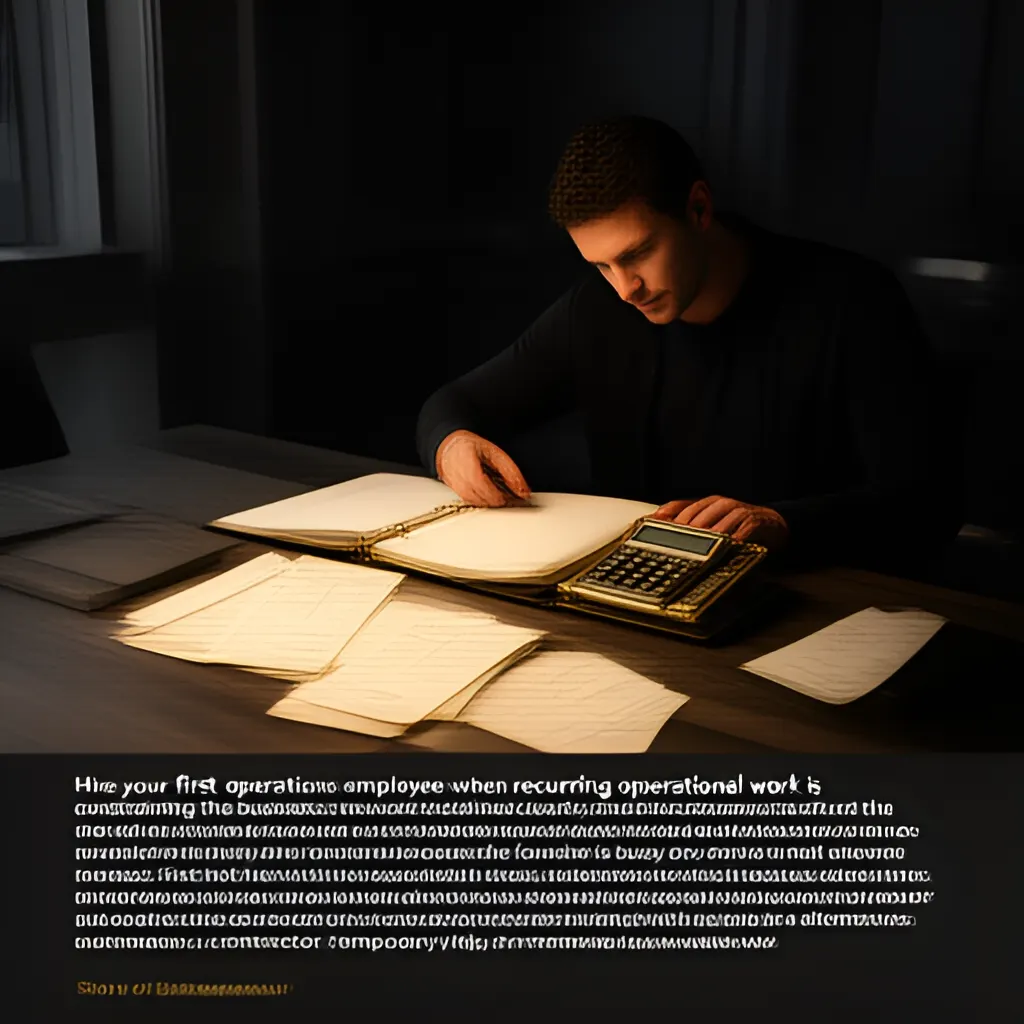 Editorial photograph of a founder at a real worktable comparing a paper ledger, a calculator and a few invoices in a quiet, naturally lit office, photographed in a wide establishing composition. Supports the section "The short answer" in "How to Hire Your First Operations Employee Without Creating More Work".
