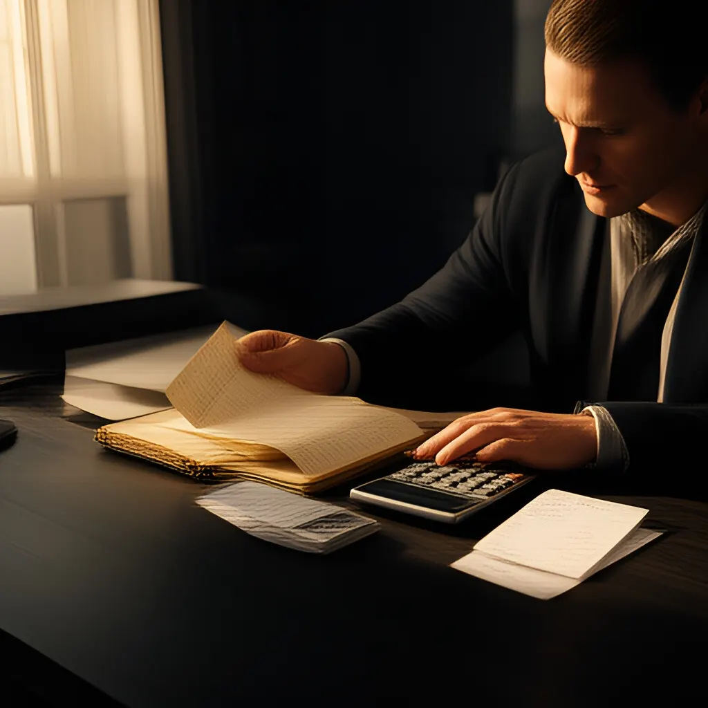 Editorial photograph of a founder at a real worktable comparing a paper ledger, a calculator and a few invoices in a quiet, naturally lit office, photographed in a wide establishing composition. Supports the section "The short answer" in "Profitability Check: A Simple Founder Diagnostic".