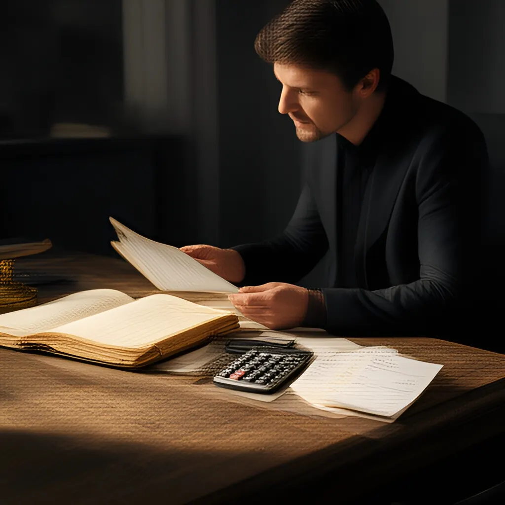 Editorial photograph of a founder at a real worktable comparing a paper ledger, a calculator and a few invoices in a quiet, naturally lit office, photographed in a wide establishing composition. Supports the section "The short answer" in "How to Plan for Seasonal Demand Without Overhiring or Running Out of Cash".