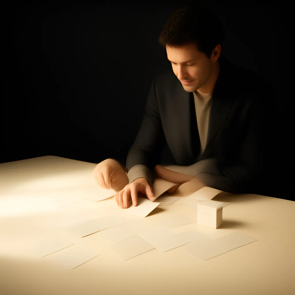 Editorial photograph of a founder arranging several blank paper cards and a simple product sample on a warm ivory studio table while considering brand direction, wide editorial composition, no legible writing. Supports the section "The short answer" in "How to Position Your Business So the Right Buyer Understands It".
