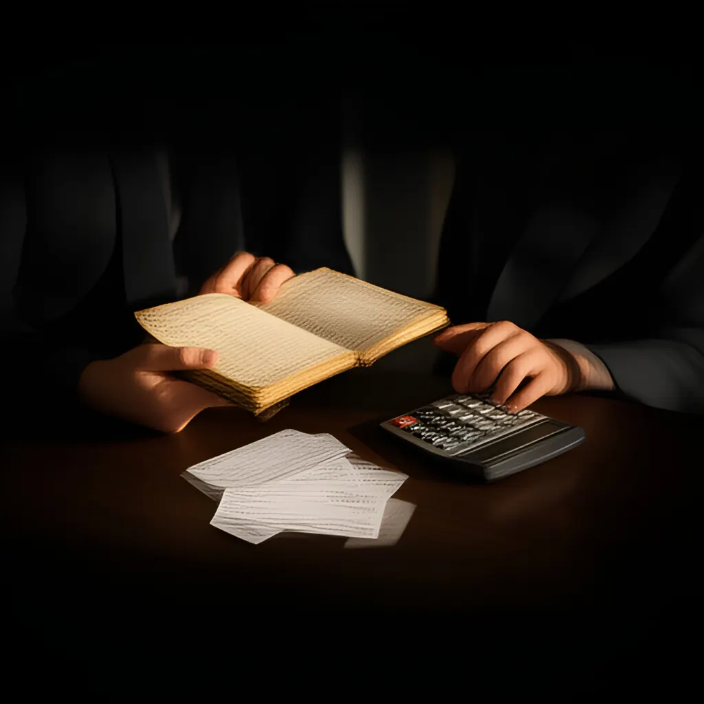 Editorial photograph of a founder at a real worktable comparing a paper ledger, a calculator and a few invoices in a quiet, naturally lit office, photographed in a wide establishing composition. Supports the section "The short answer" in "How to Read Profitability Without Confusing It With Cash".