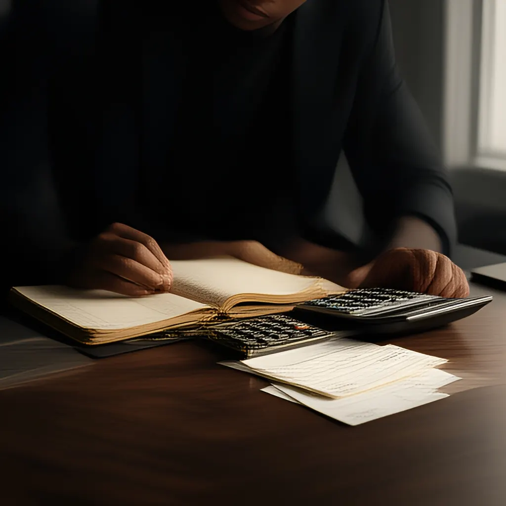 Editorial photograph of a founder at a real worktable comparing a paper ledger, a calculator and a few invoices in a quiet, naturally lit office, photographed in a wide establishing composition. Supports the section "Measure concentration and fragility" in "How to Reduce Dependence on One Marketing Channel Without Losing Momentum".
