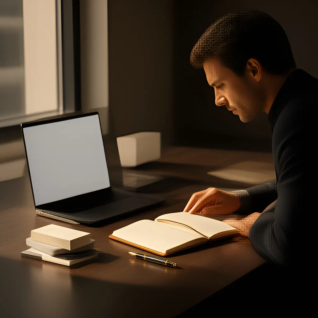 Editorial photograph of a founder planning a customer communication campaign at a desk with a notebook, sample packaging and laptop seen from a wide side angle. Supports the section "Pause before replying" in "How to Respond to a Negative Business Review Without Making It Worse".