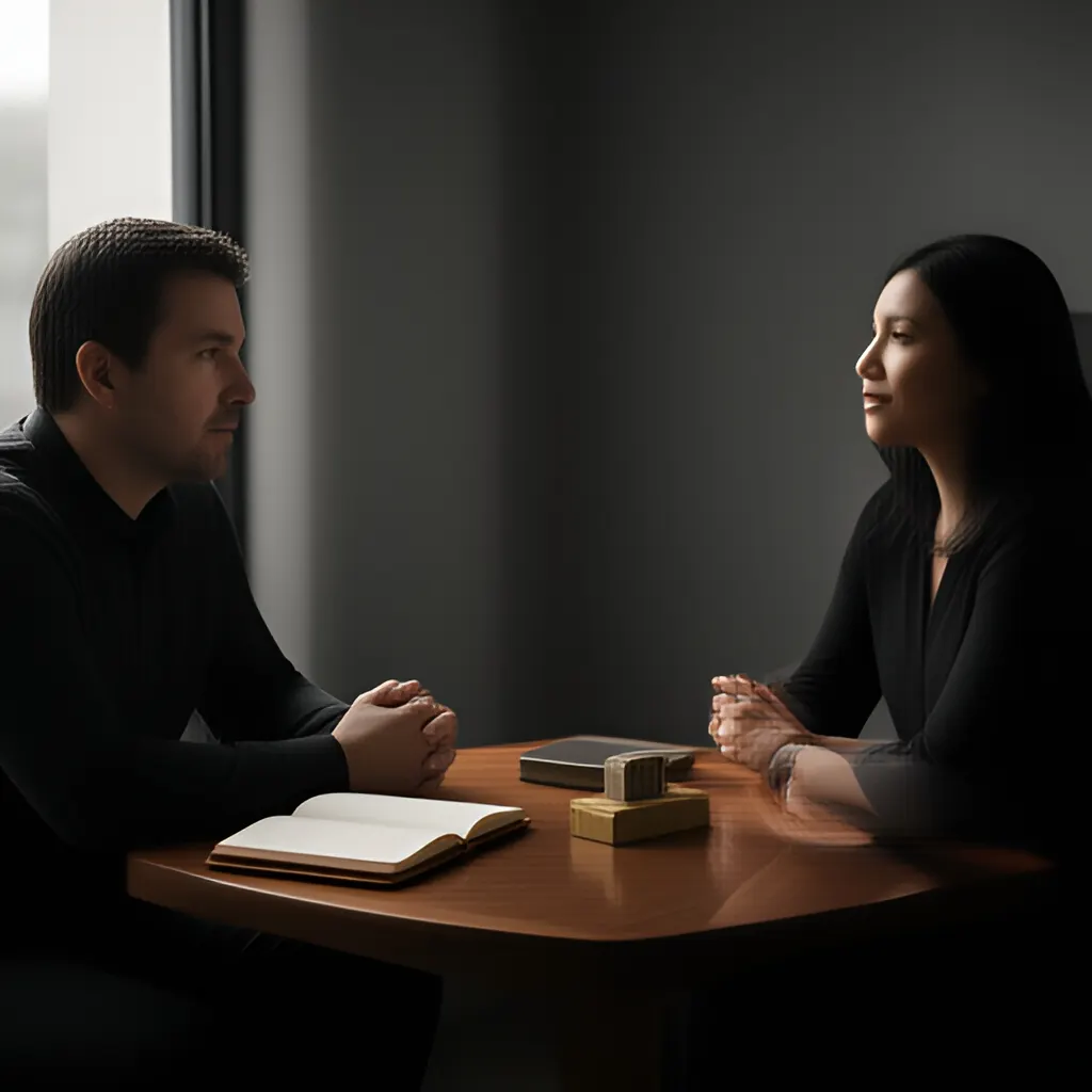 Editorial photograph of a founder listening carefully to a customer across a small meeting table with an open notebook and a real product sample, natural candid wide composition. Supports the section "The short answer" in "Scale Quality: Define the Invariants Before Adding Volume".