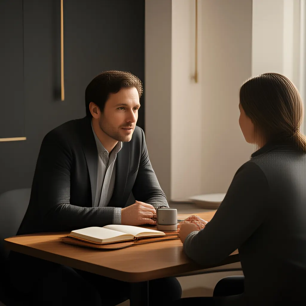Editorial photograph of a founder listening carefully to a customer across a small meeting table with an open notebook and a real product sample, natural candid wide composition. Supports the section "The short answer" in "How to Scale a Startup Without Letting Quality Fall Apart".