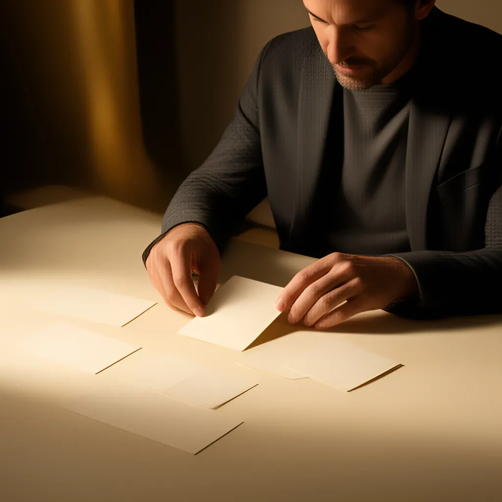 Editorial photograph of a founder arranging several blank paper cards and a simple product sample on a warm ivory studio table while considering brand direction, wide editorial composition, no legible writing. Supports the section "Start narrower than the market map" in "How to Solve the Marketplace Cold-Start Problem Without Buying Empty Growth".