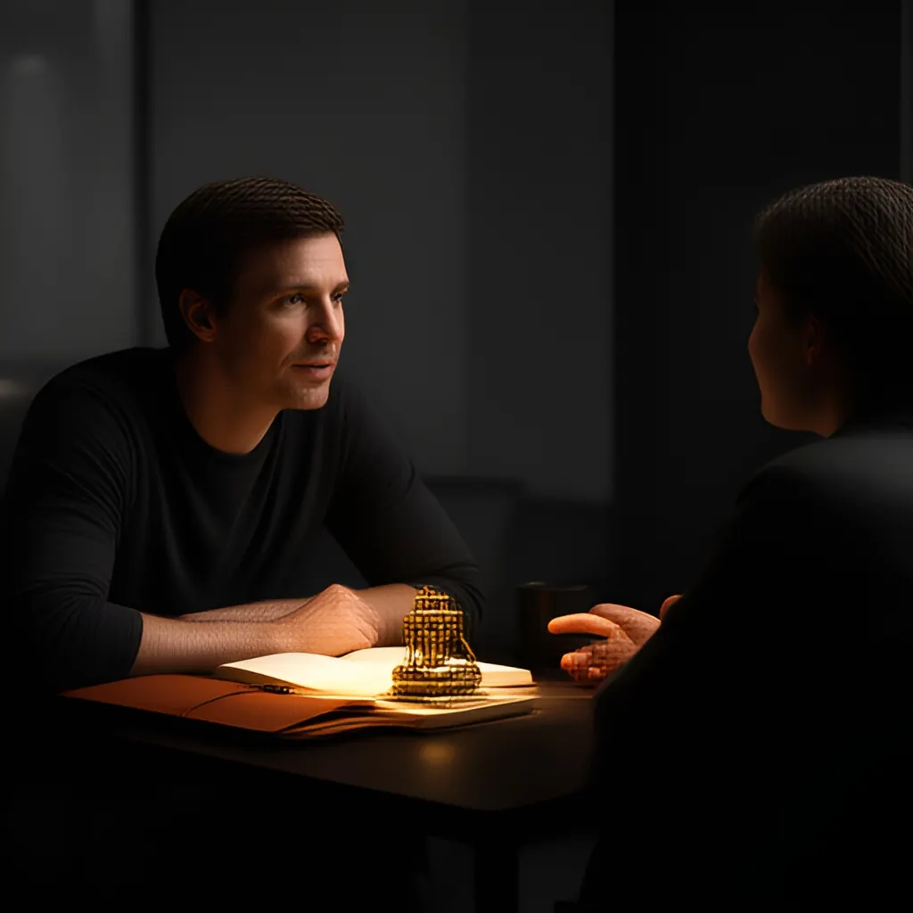 Editorial photograph of a founder listening carefully to a customer across a small meeting table with an open notebook and a real product sample, natural candid wide composition. Supports the section "The short answer" in "How to Start Building Momentum When Everything Feels Like Too Much".