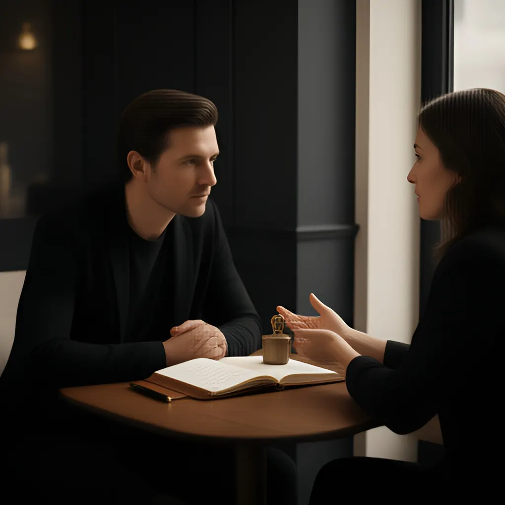 Editorial photograph of a founder listening carefully to a customer across a small meeting table with an open notebook and a real product sample, natural candid wide composition. Supports the section "Protect your employment and experiment" in "How to Test a Business Idea While Keeping Your Full-Time Job".