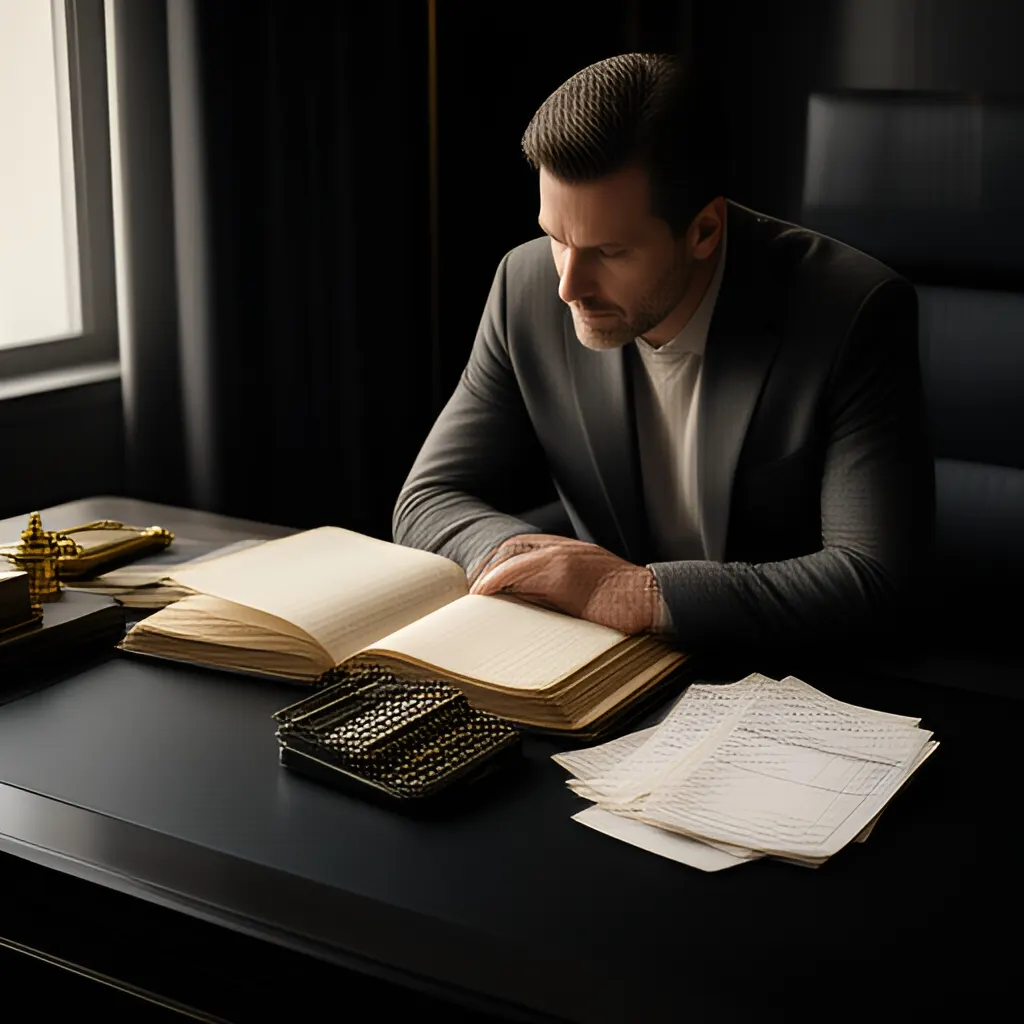 Editorial photograph of a founder at a real worktable comparing a paper ledger, a calculator and a few invoices in a quiet, naturally lit office, photographed in a wide establishing composition. Supports the section "Find the business problem and owner" in "How to Win Your First Enterprise Customer Without Getting Trapped in Procurement".