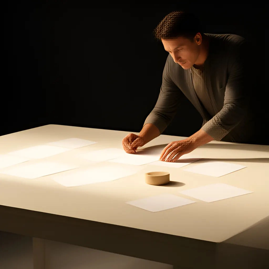 Editorial photograph of a founder arranging several blank paper cards and a simple product sample on a warm ivory studio table while considering brand direction, wide editorial composition, no legible writing. Supports the section "What the ICP canvas captures" in "ICP Canvas".