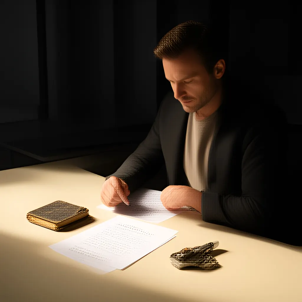 Editorial photograph of a founder studying a real working document and a relevant physical object on a warm ivory desk in a restrained modern workspace, natural candid wide editorial composition. Supports the section "The short answer" in "How to Turn an Idea Into Something Real".