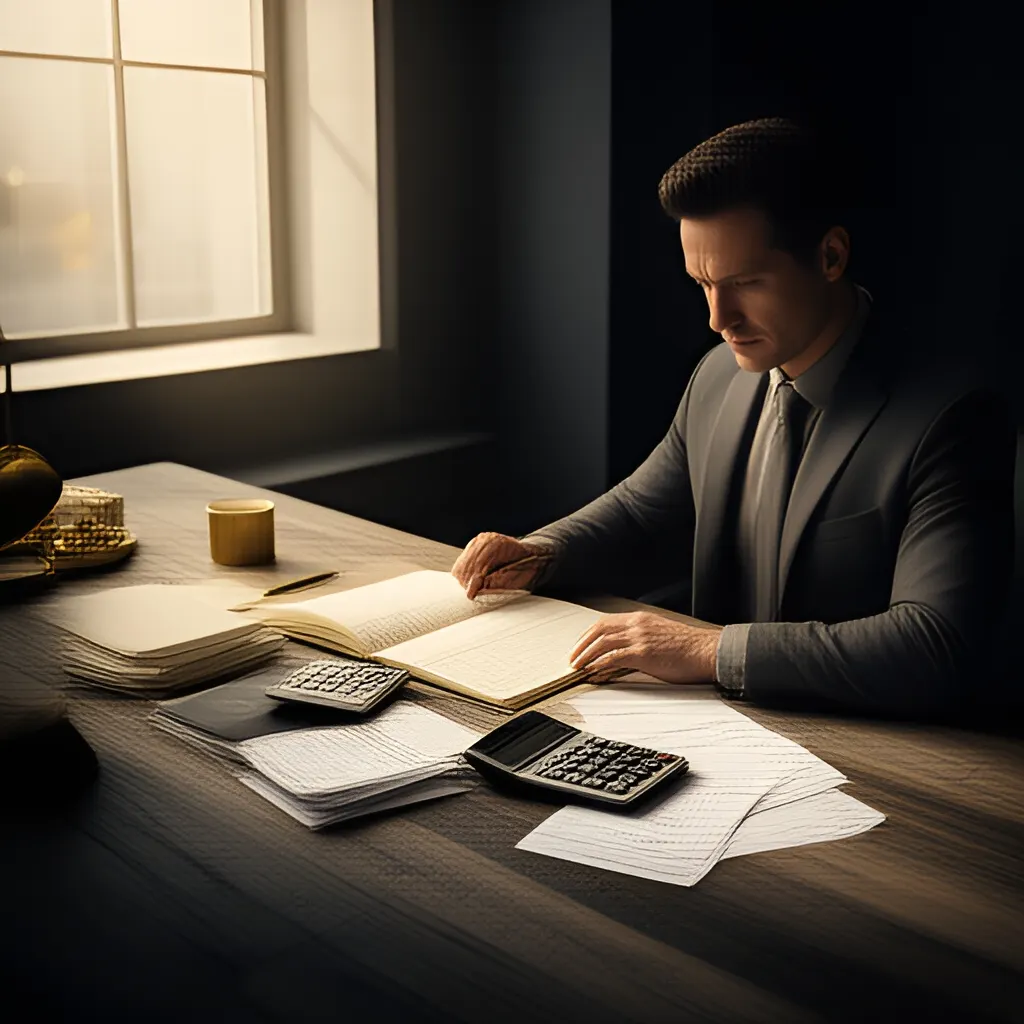 Editorial photograph of a founder at a real worktable comparing a paper ledger, a calculator and a few invoices in a quiet, naturally lit office, photographed in a wide establishing composition. Supports the section "The visible innovation hides a cost transfer" in "Ingvar Kamprad and IKEA: Designing the Whole System Around Affordability".