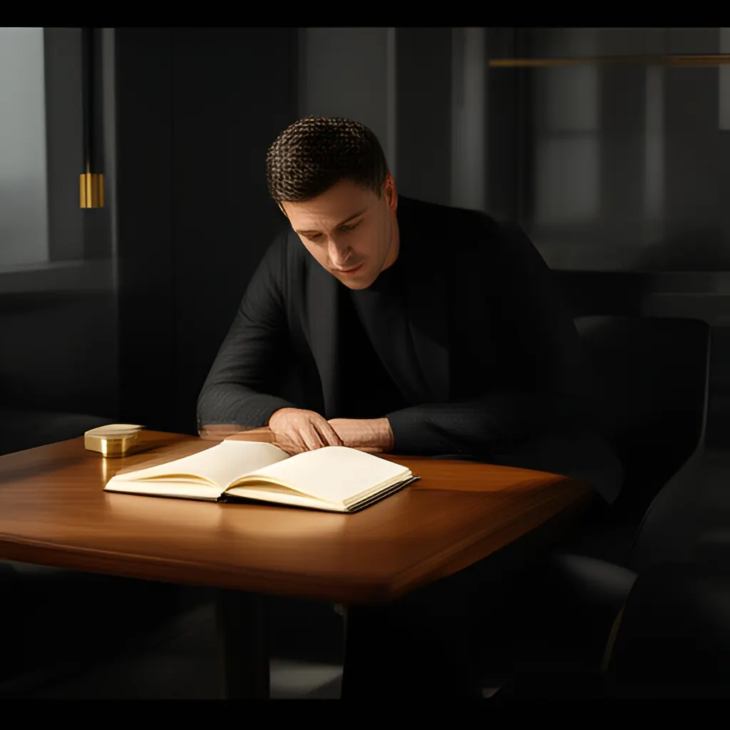 Editorial photograph of a founder listening carefully to a customer across a small meeting table with an open notebook and a real product sample, natural candid wide composition. Supports the section "What the scorecard should measure" in "Interview Scorecard".