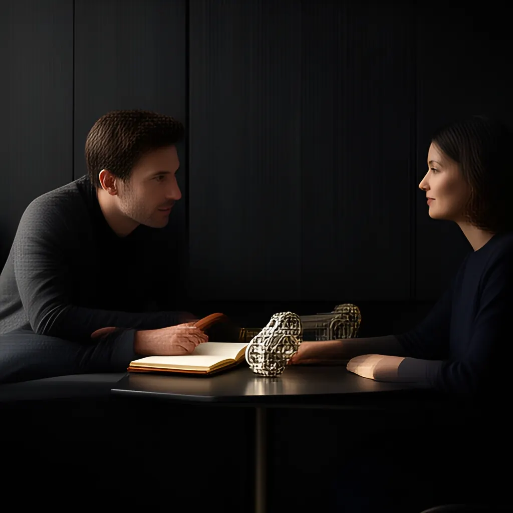 Editorial photograph of a founder listening carefully to a customer across a small meeting table with an open notebook and a real product sample, natural candid wide composition. Supports the section "The number is memorable; the method matters more" in "James Dyson: What Thousands of Prototypes Can—and Cannot—Teach Founders".