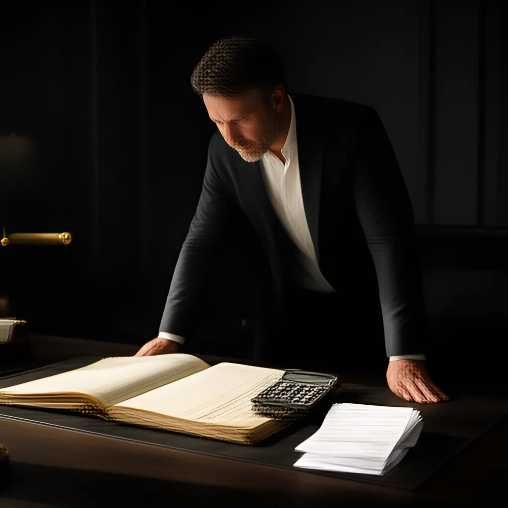 Editorial photograph of a founder at a real worktable comparing a paper ledger, a calculator and a few invoices in a quiet, naturally lit office, photographed in a wide establishing composition. Supports the section "A narrow promise in a crowded category" in "Jan Koum and WhatsApp: The Strategic Value of Doing Less, Reliably".
