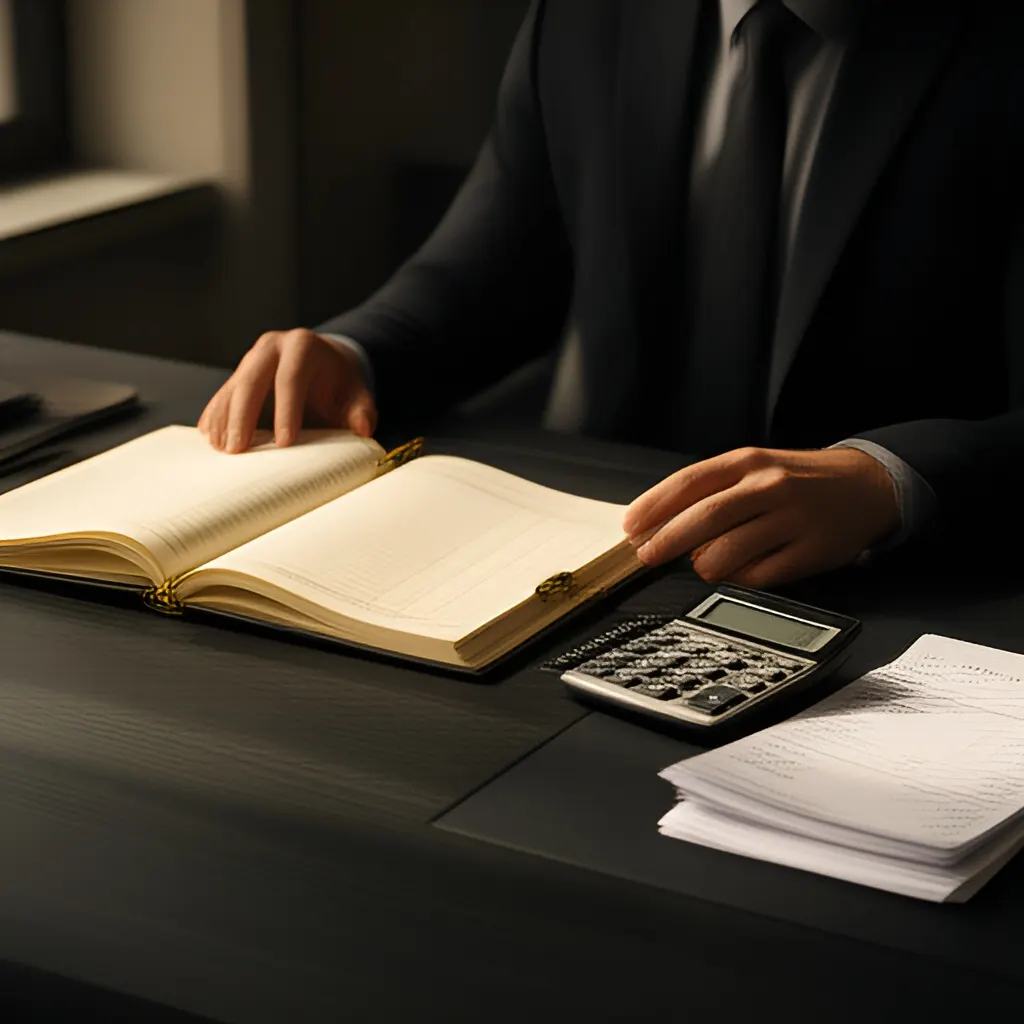 Editorial photograph of a founder at a real worktable comparing a paper ledger, a calculator and a few invoices in a quiet, naturally lit office, photographed in a wide establishing composition. Supports the section "Build a rolling cash view" in "Cash Gap Between Revenue Wins: A Short-Term Protection Test".