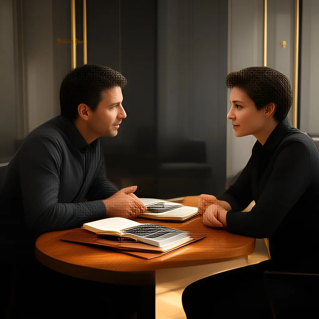 Editorial photograph of a founder listening carefully to a customer across a small meeting table with an open notebook and a real product sample, natural candid wide composition. Supports the section "The short answer" in "How to Keep Good People".