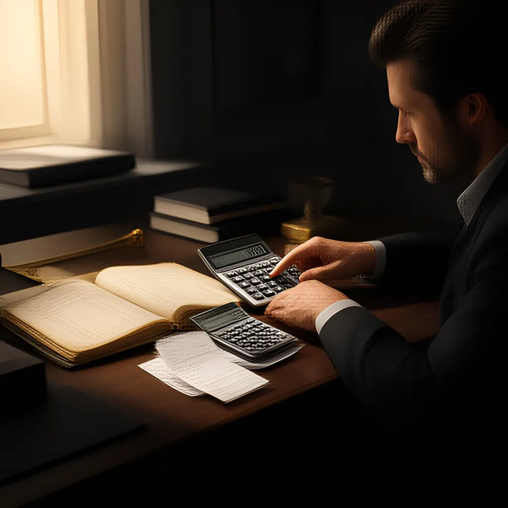 Editorial photograph of a founder at a real worktable comparing a paper ledger, a calculator and a few invoices in a quiet, naturally lit office, photographed in a wide establishing composition. Supports the section "The short answer" in "How Do You Know When Your Business Is Actually Profitable?".