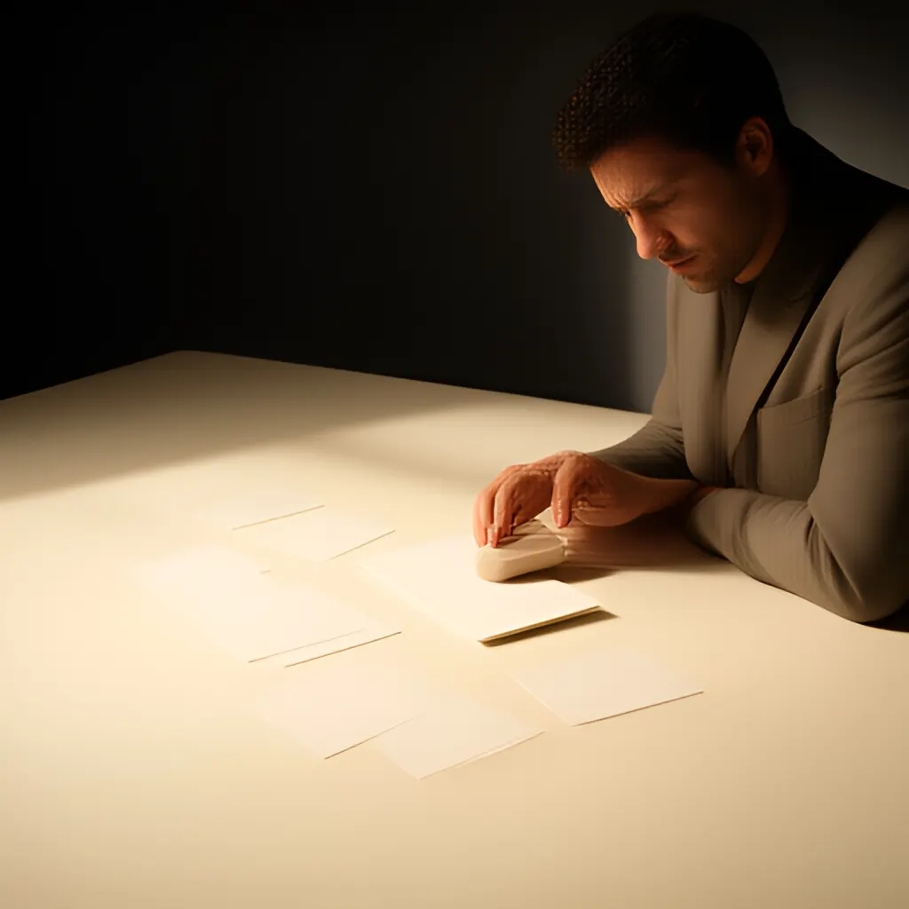 Editorial photograph of a founder arranging several blank paper cards and a simple product sample on a warm ivory studio table while considering brand direction, wide editorial composition, no legible writing. Supports the section "The uncomfortable first question" in "Leadership Starts When You Stop Doing Everything Yourself".