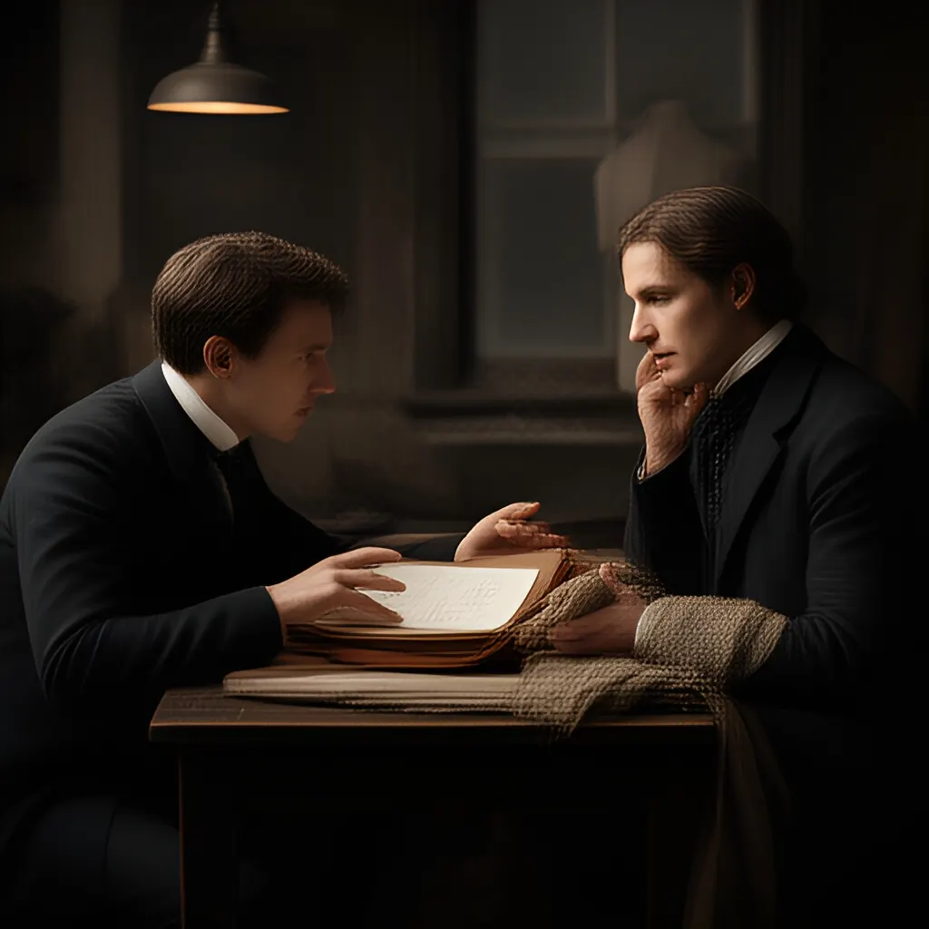 Editorial photograph of a founder listening carefully to a customer across a small meeting table with an open notebook and a real product sample, natural candid wide composition. Supports the section "The small failure that revealed a product opportunity" in "Levi Strauss and Jacob Davis: How a Customer’s Fix Became a Product Category".