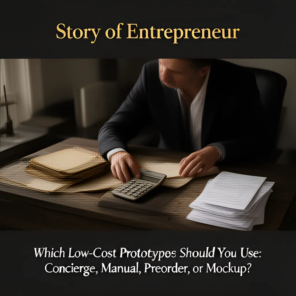 Editorial photograph of a founder at a real worktable comparing a paper ledger, a calculator and a few invoices in a quiet, naturally lit office, photographed in a wide establishing composition. Supports the section "Start with the question" in "Which Low-Cost Prototype Should You Use: Concierge, Manual, Preorder, or Mockup?".