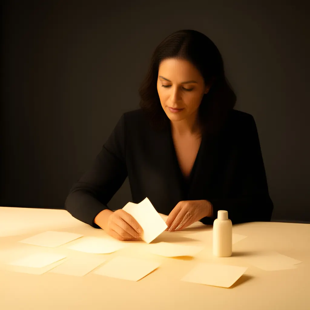Editorial photograph of a founder arranging several blank paper cards and a simple product sample on a warm ivory studio table while considering brand direction, wide editorial composition, no legible writing. Supports the section "Beyond the “self-made” headline" in "Madam C. J. Walker: The Business Power of Distribution, Training and Trust".