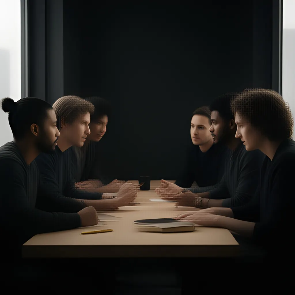 Editorial photograph of a small startup team in a candid working discussion around a shared table, natural expressions, restrained modern office, wide composition. Supports the section "The actual problem" in "Make Culture Portable: Turn Values Into Observable Decisions".