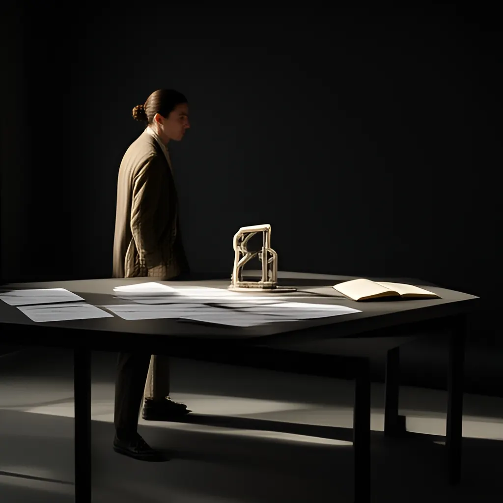 Editorial photograph of a founder standing beside a worktable with a physical prototype and a few neatly arranged planning notes in a calm studio, wide editorial composition. Supports the section "The problem was not a lack of design tools" in "Melanie Perkins and Canva: Making a Complex Skill Accessible to More People".