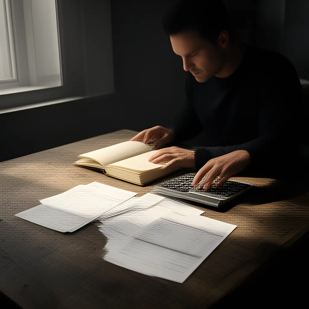 Editorial photograph of a founder at a real worktable comparing a paper ledger, a calculator and a few invoices in a quiet, naturally lit office, photographed in a wide establishing composition. Supports the section "A channel decision that redesigned operations" in "Michael Dell: How Direct Sales Changed the Economics of Personal Computers".