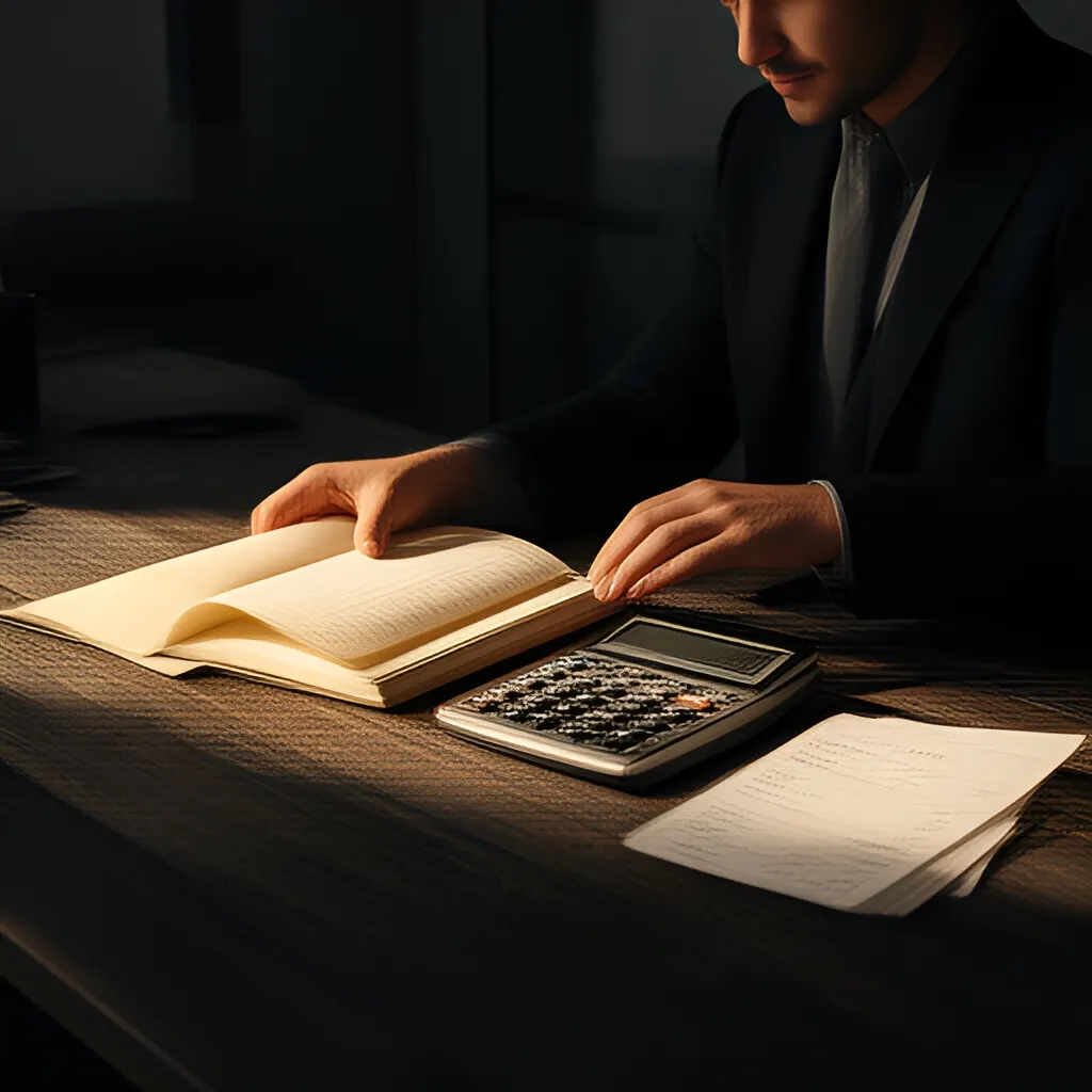 Editorial photograph of a founder at a real worktable comparing a paper ledger, a calculator and a few invoices in a quiet, naturally lit office, photographed in a wide establishing composition. Supports the section "What this template is for" in "Monthly Budget Template".