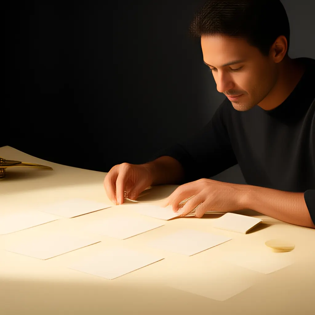 Editorial photograph of a founder arranging several blank paper cards and a simple product sample on a warm ivory studio table while considering brand direction, wide editorial composition, no legible writing. Supports the section "The actual problem" in "Name the Work Before You Name the Brand".
