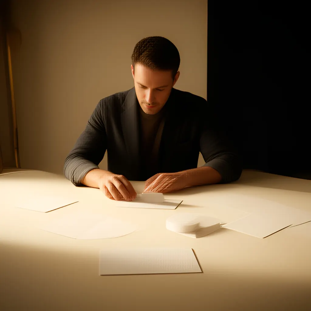 Editorial photograph of a founder arranging several blank paper cards and a simple product sample on a warm ivory studio table while considering brand direction, wide editorial composition, no legible writing. Supports the section "Start with the job the name must do" in "How do I name my company or product?".
