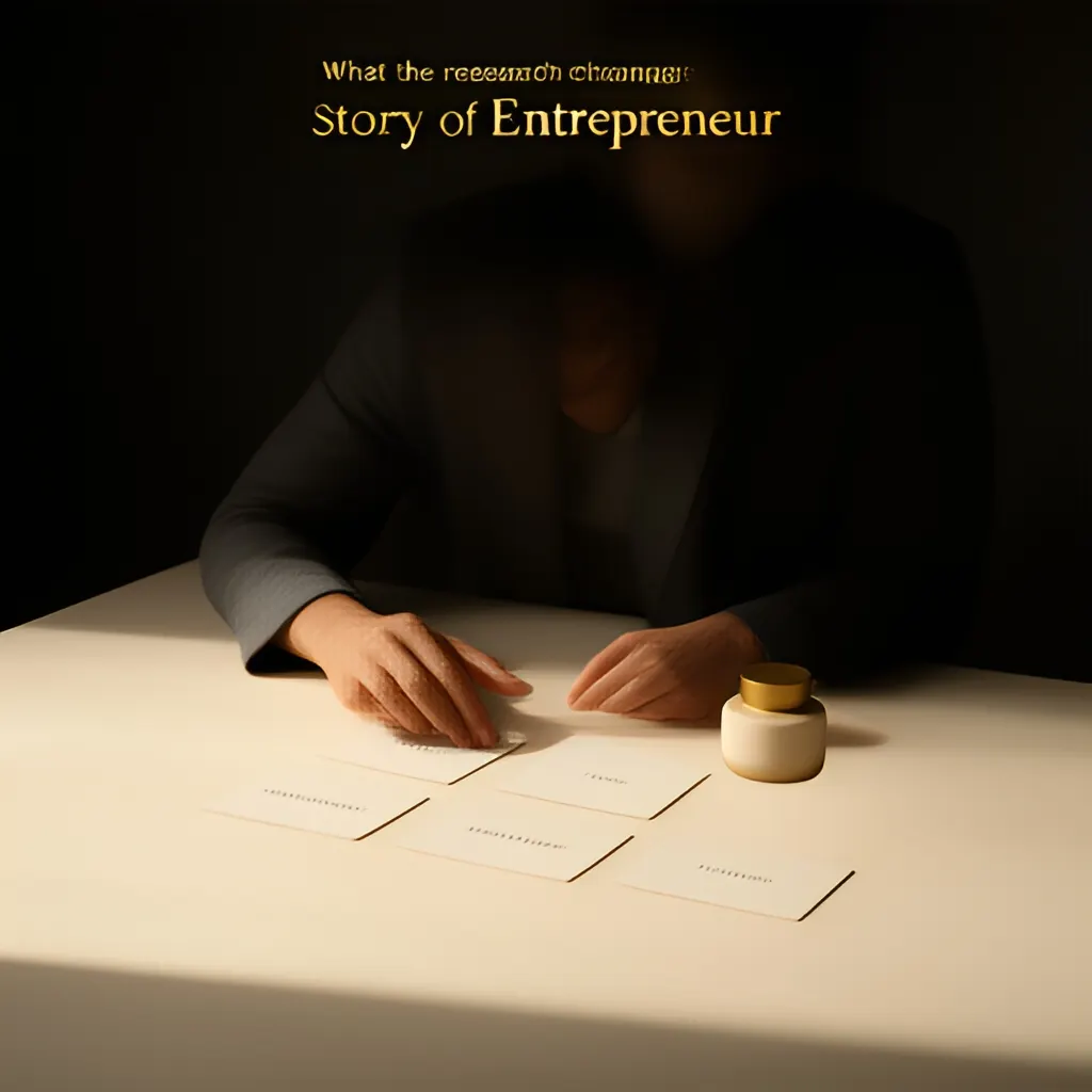 Editorial photograph of a founder arranging several blank paper cards and a simple product sample on a warm ivory studio table while considering brand direction, wide editorial composition, no legible writing. Supports the section "What the research changes" in "Naming the Work".
