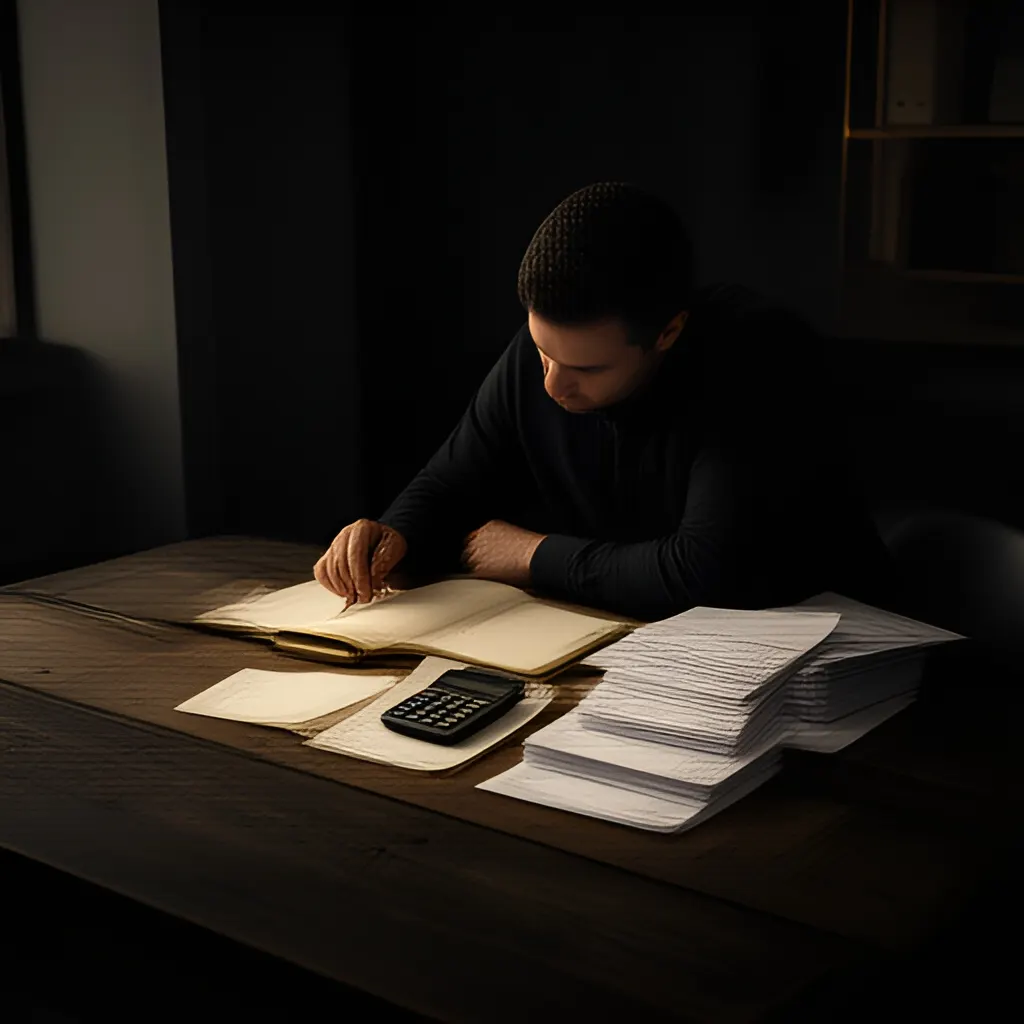 Editorial photograph of a founder at a real worktable comparing a paper ledger, a calculator and a few invoices in a quiet, naturally lit office, photographed in a wide establishing composition. Supports the section "Trust is operational in a services business" in "N. R. Narayana Murthy and Infosys: Trust as an Exportable Business Asset".