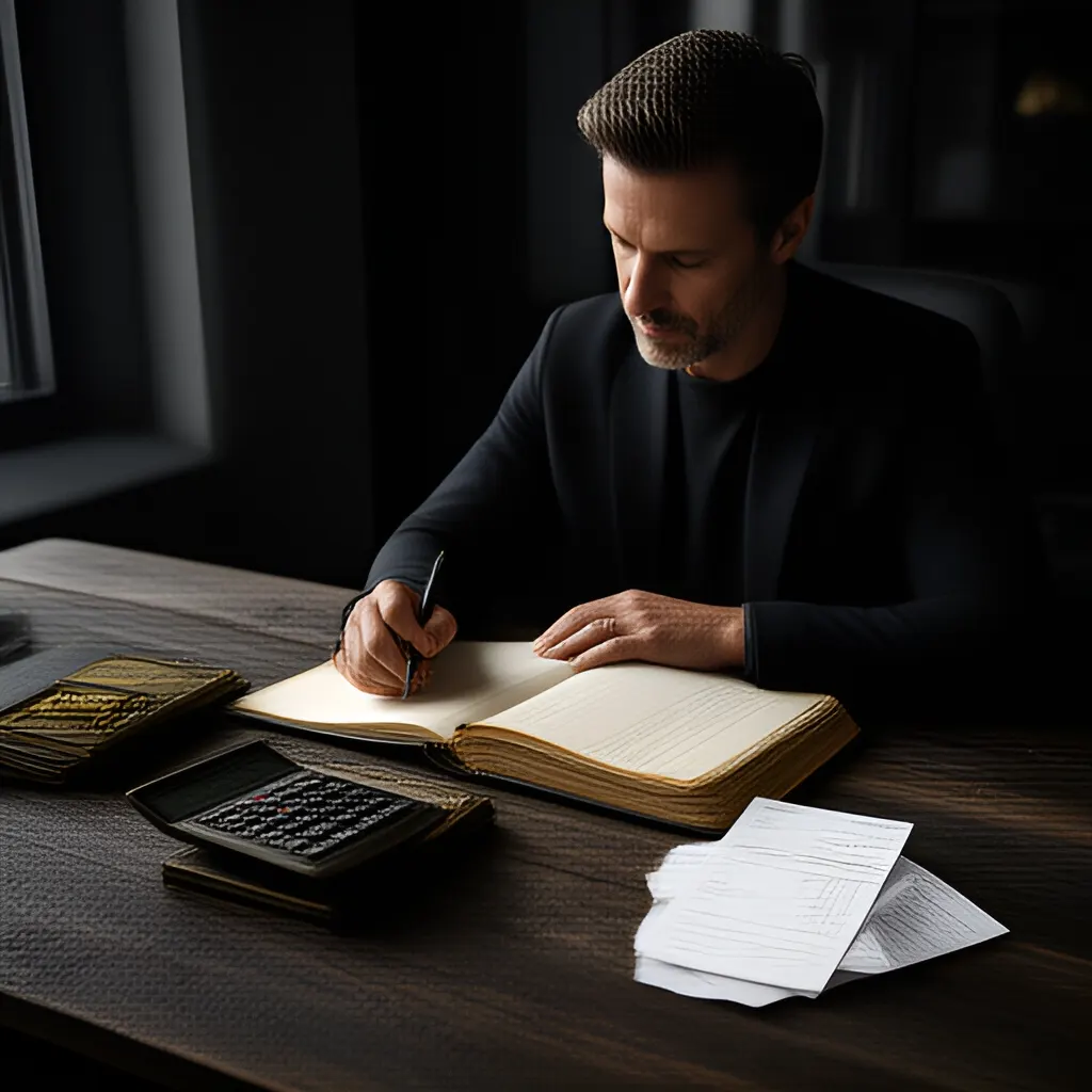 Editorial photograph of a founder at a real worktable comparing a paper ledger, a calculator and a few invoices in a quiet, naturally lit office, photographed in a wide establishing composition. Supports the section "The canvas" in "Offer Canvas".