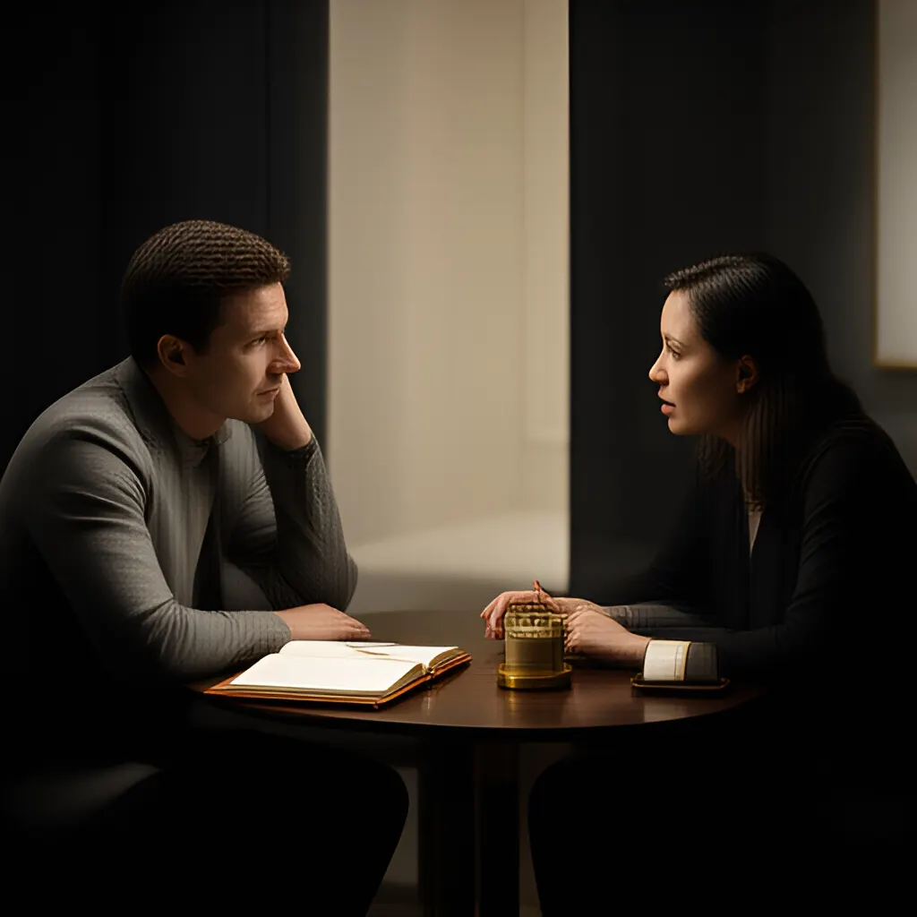 Editorial photograph of a founder listening carefully to a customer across a small meeting table with an open notebook and a real product sample, natural candid wide composition. Supports the section "Design the offer around the customer's decision" in "Offer Design Framework".