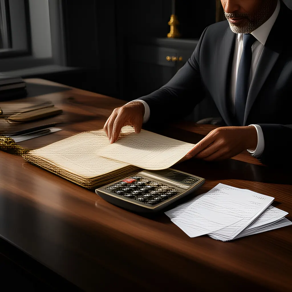 Editorial photograph of a founder at a real worktable comparing a paper ledger, a calculator and a few invoices in a quiet, naturally lit office, photographed in a wide establishing composition. Supports the section "Attention is an asset, but not the whole company" in "Oprah Winfrey: Turning Audience Trust into Ownership and Long-Term Leverage".