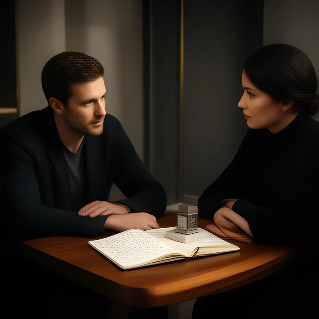Editorial photograph of a founder listening carefully to a customer across a small meeting table with an open notebook and a real product sample, natural candid wide composition. Supports the section "The short answer" in "How to Structure a Paid Pilot That Teaches You Before You Build More".