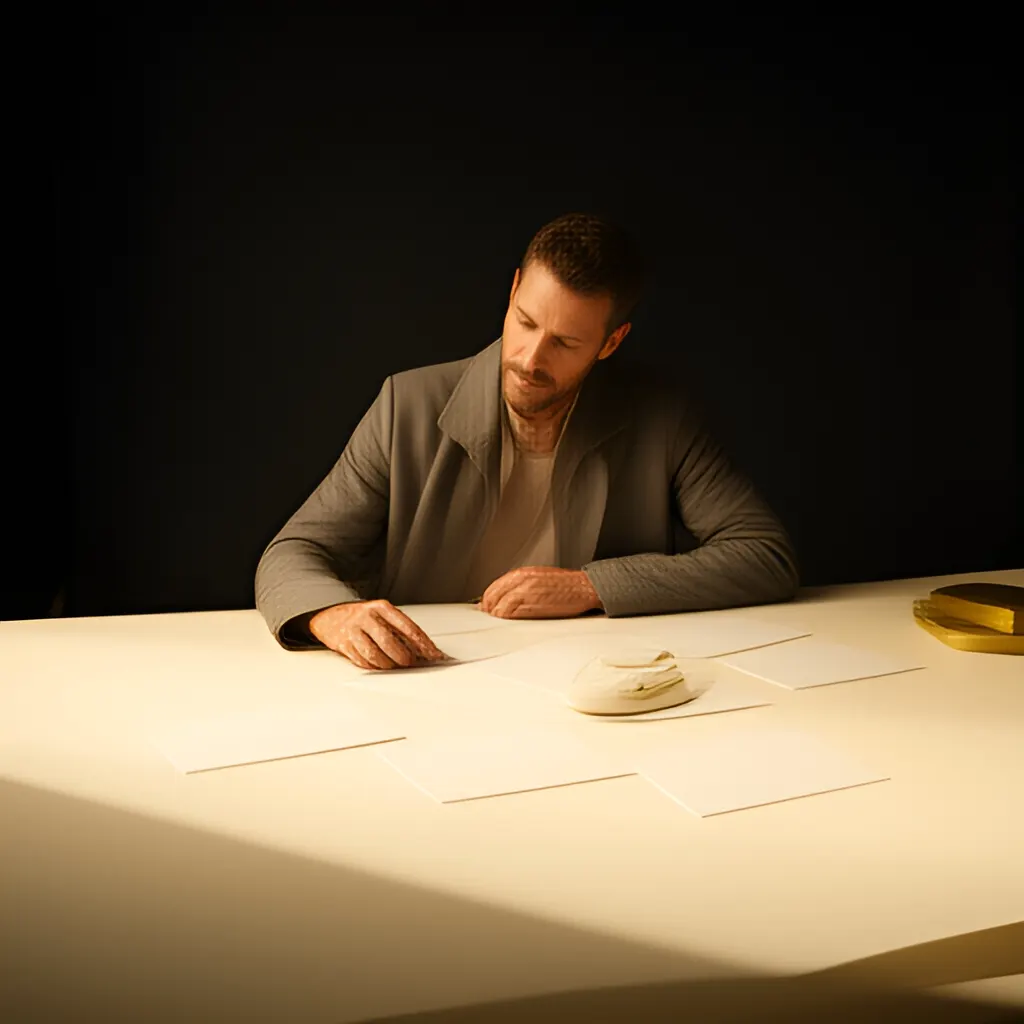 Editorial photograph of a founder arranging several blank paper cards and a simple product sample on a warm ivory studio table while considering brand direction, wide editorial composition, no legible writing. Supports the section "Before Nike was a global brand" in "Phil Knight and Nike: From Imported Running Shoes to a Brand Built Around Athletes".