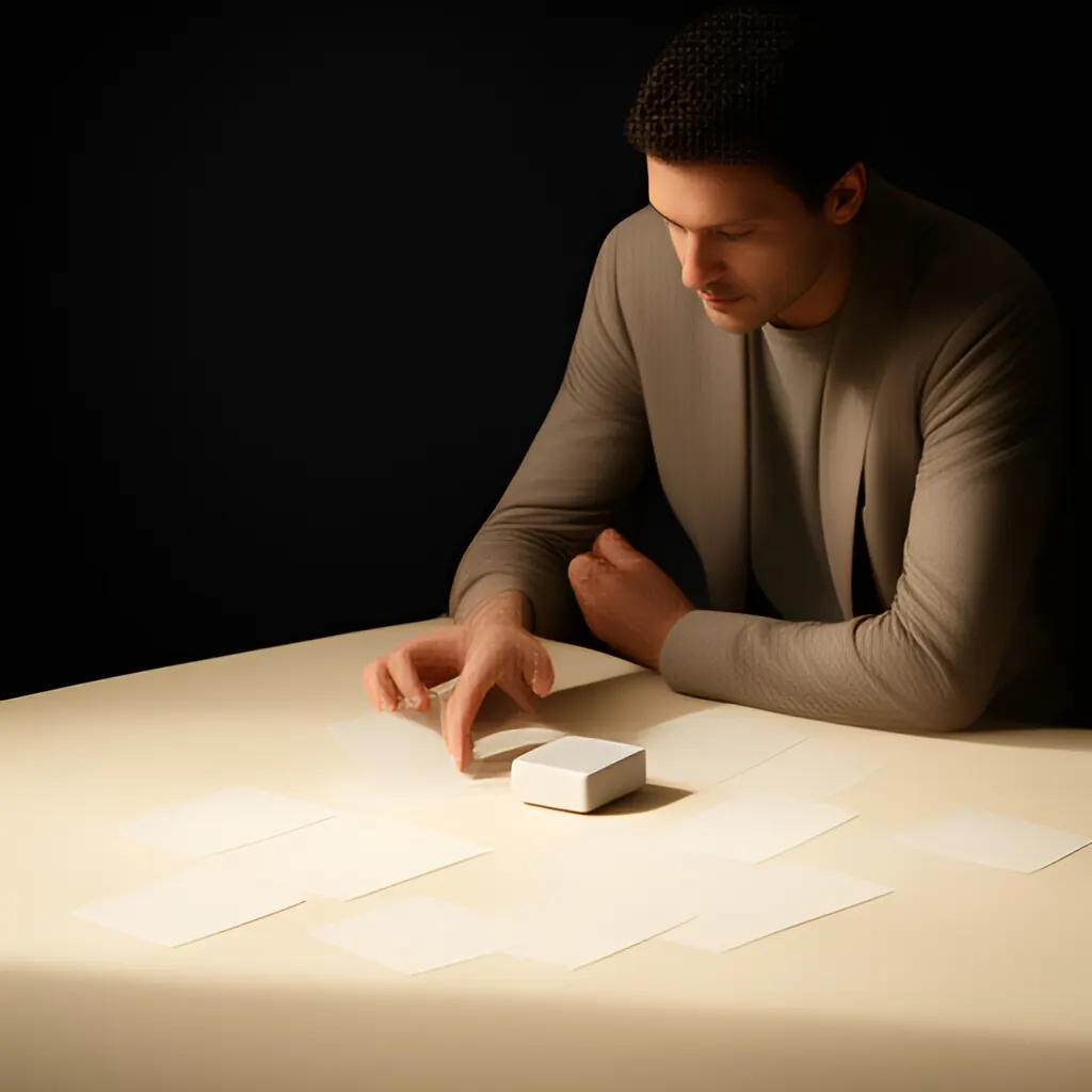Editorial photograph of a founder arranging several blank paper cards and a simple product sample on a warm ivory studio table while considering brand direction, wide editorial composition, no legible writing. Supports the section "The five components of positioning" in "Positioning Canvas".