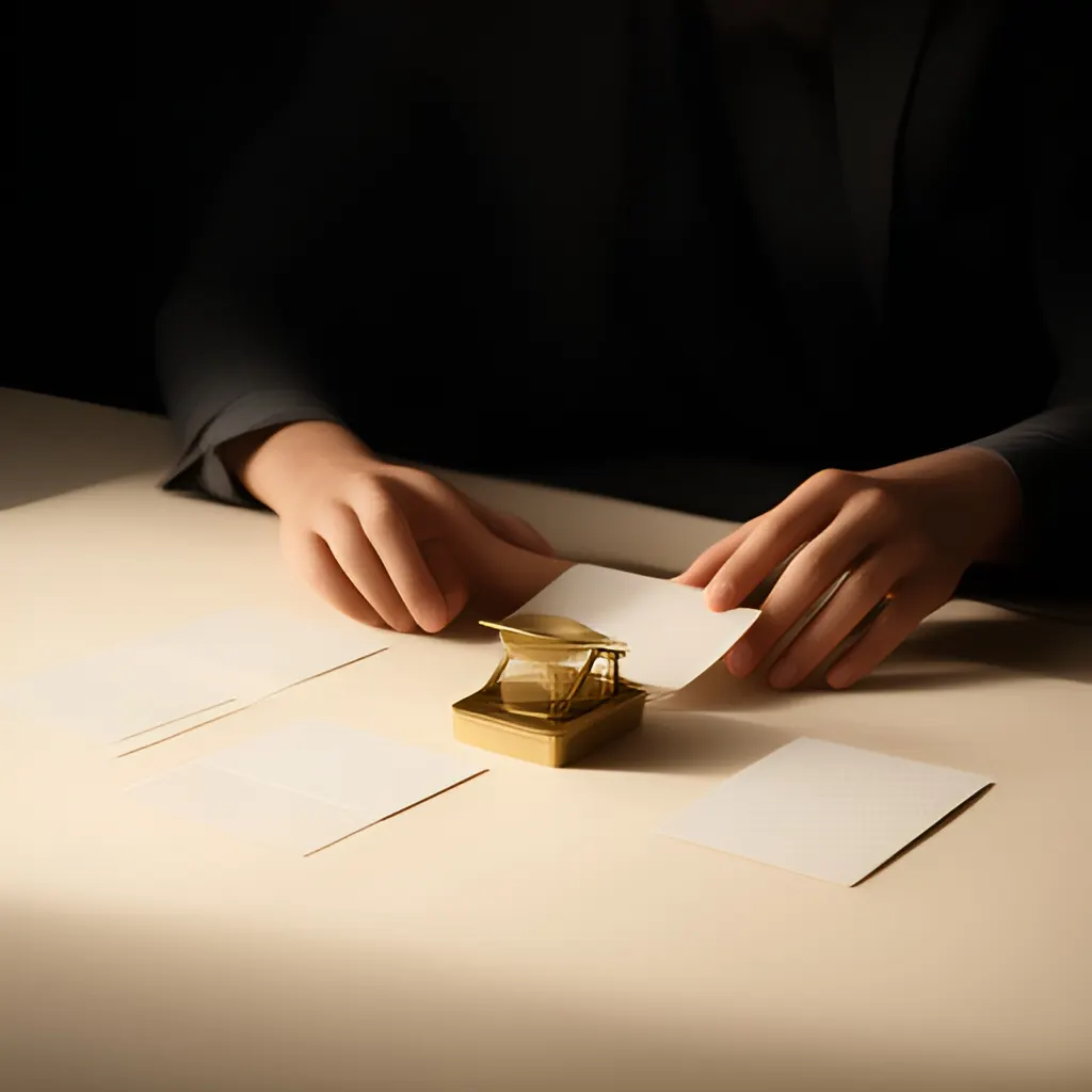 Editorial photograph of a founder arranging several blank paper cards and a simple product sample on a warm ivory studio table while considering brand direction, wide editorial composition, no legible writing. Supports the section "1. The market we are choosing to serve" in "Positioning Memo".