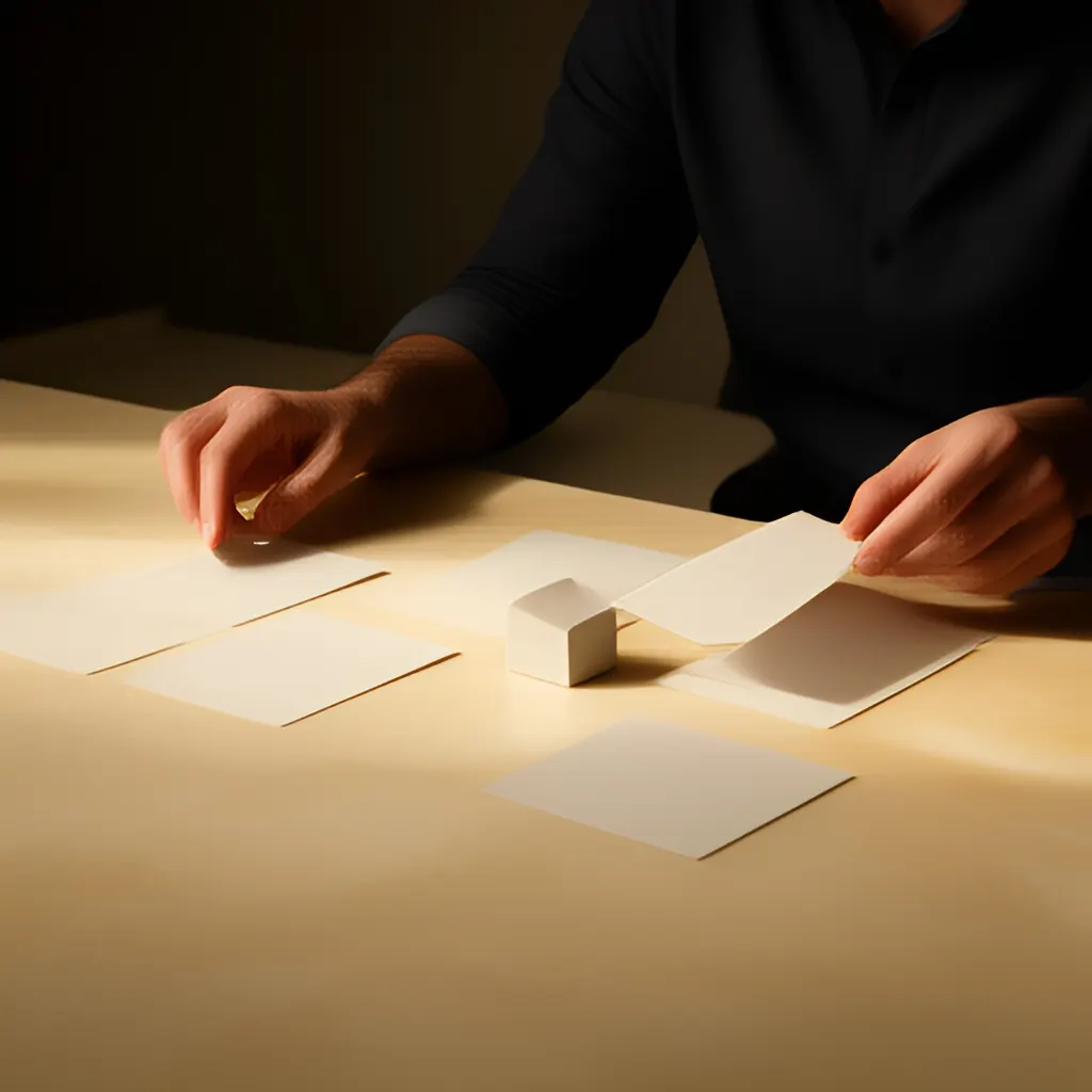 Editorial photograph of a founder arranging several blank paper cards and a simple product sample on a warm ivory studio table while considering brand direction, wide editorial composition, no legible writing. Supports the section "Start with the question" in "Positioning vs Messaging: What Changes When You Change the Words?".