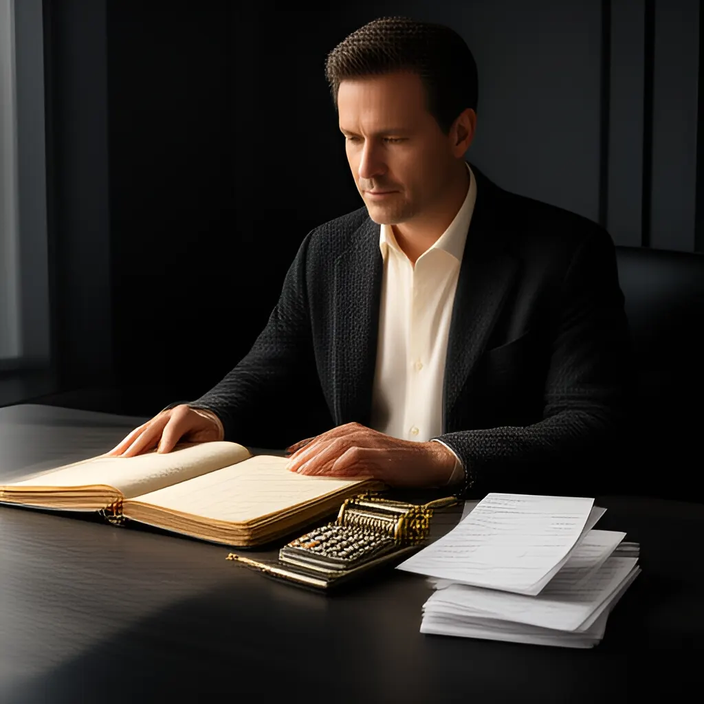 Editorial photograph of a founder at a real worktable comparing a paper ledger, a calculator and a few invoices in a quiet, naturally lit office, photographed in a wide establishing composition. Supports the section "Decide what the price change is solving" in "Price Rise Script".