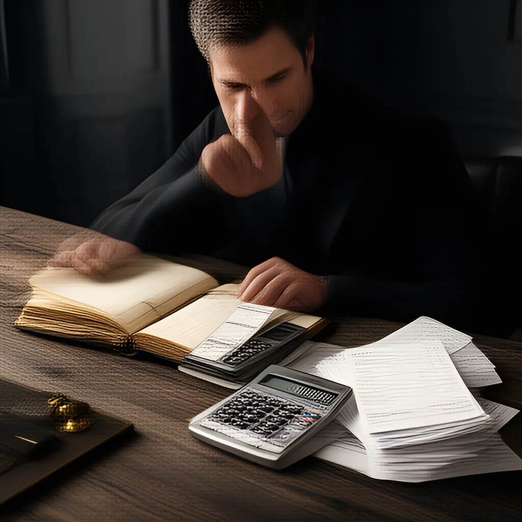 Editorial photograph of a founder at a real worktable comparing a paper ledger, a calculator and a few invoices in a quiet, naturally lit office, photographed in a wide establishing composition. Supports the section "What the pricing calculator is for" in "Pricing Calculator".