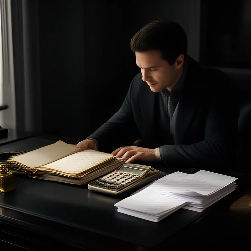 Editorial photograph of a founder at a real worktable comparing a paper ledger, a calculator and a few invoices in a quiet, naturally lit office, photographed in a wide establishing composition. Supports the section "The three-tier structure" in "Pricing Ladder".