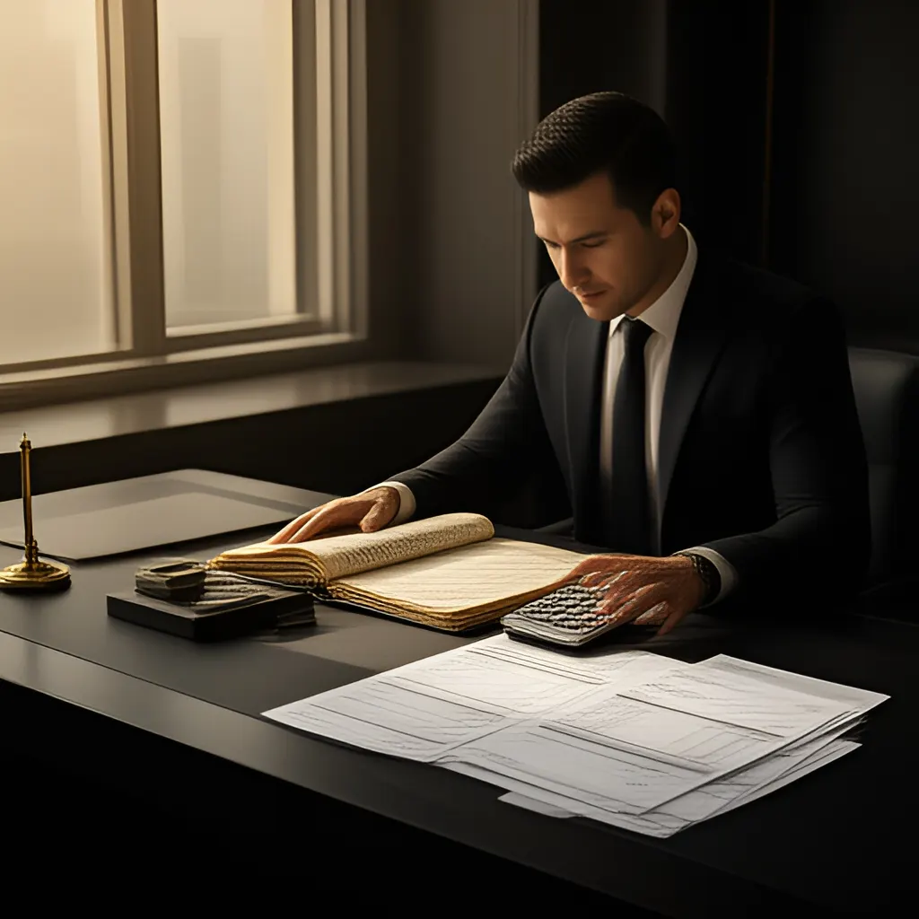 Editorial photograph of a founder at a real worktable comparing a paper ledger, a calculator and a few invoices in a quiet, naturally lit office, photographed in a wide establishing composition. Supports the section "The template structure" in "Pricing Memo Template".