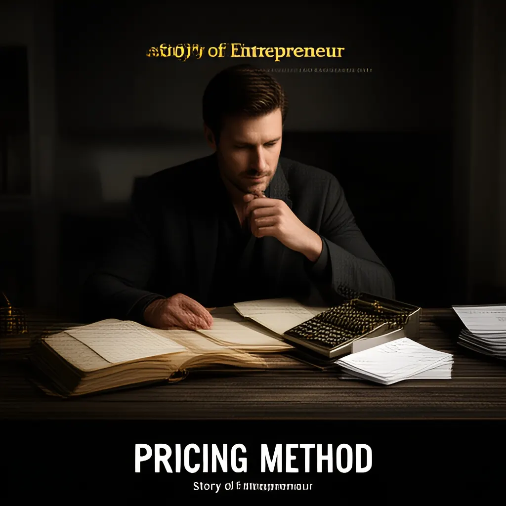 Editorial photograph of a founder at a real worktable comparing a paper ledger, a calculator and a few invoices in a quiet, naturally lit office, photographed in a wide establishing composition. Supports the section "Pricing Method" in "Pricing Method".