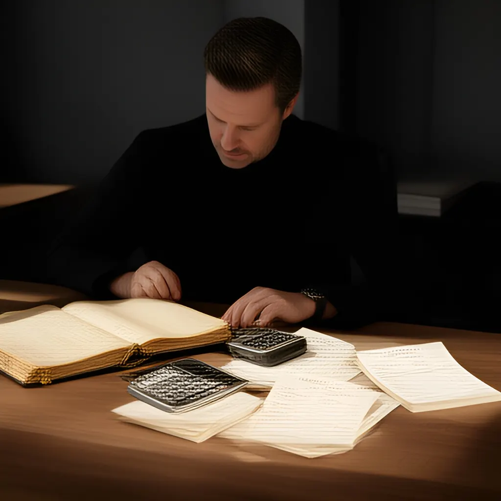 Editorial photograph of a founder at a real worktable comparing a paper ledger, a calculator and a few invoices in a quiet, naturally lit office, photographed in a wide establishing composition. Supports the section "First find the floor" in "Price From the Economics of the Work, Then Test the Buyer Response".