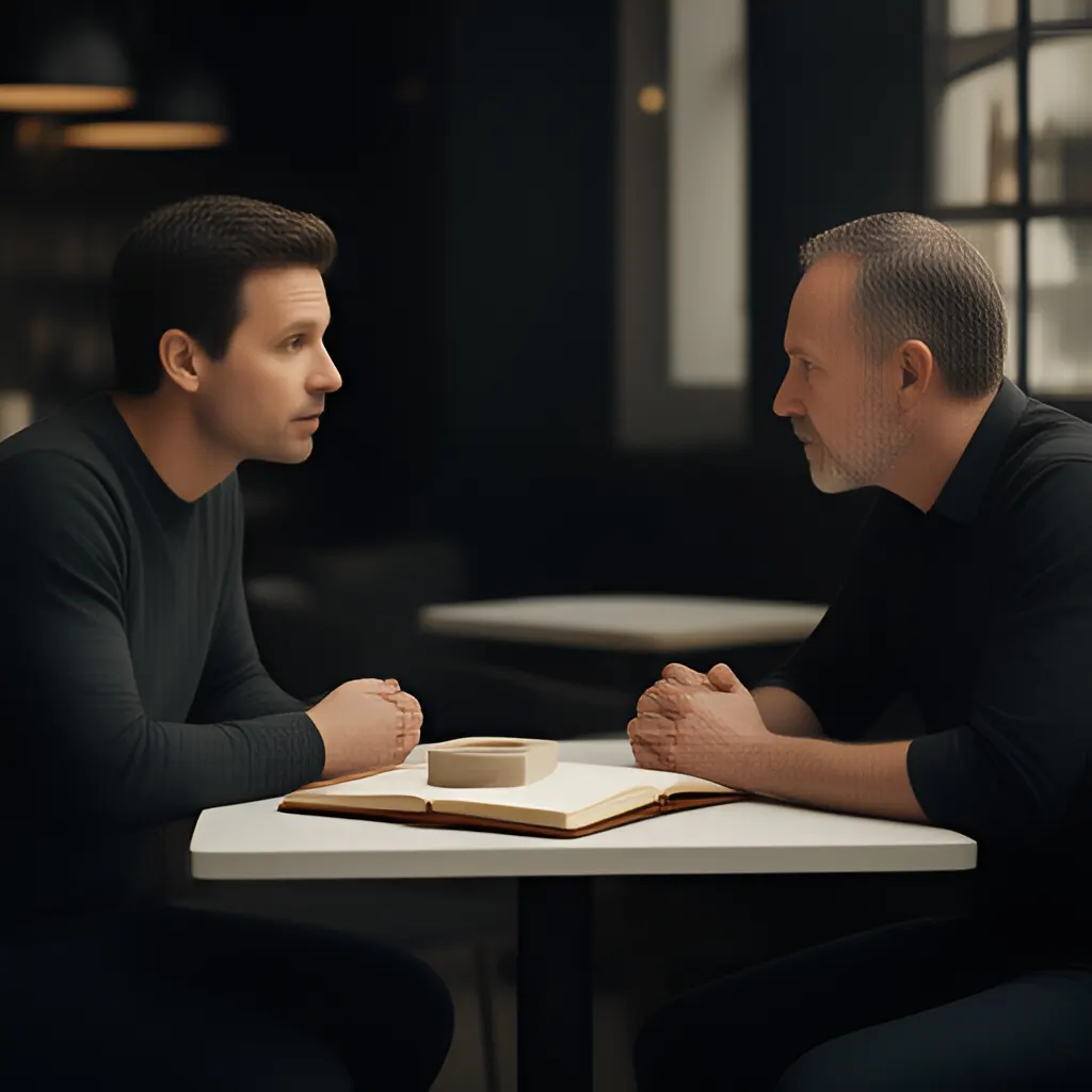 Editorial photograph of a founder listening carefully to a customer across a small meeting table with an open notebook and a real product sample, natural candid wide composition. Supports the section "Start with the customer problem" in "Product-Market Fit Is Not a Feeling: Test Retention Before You Scale".