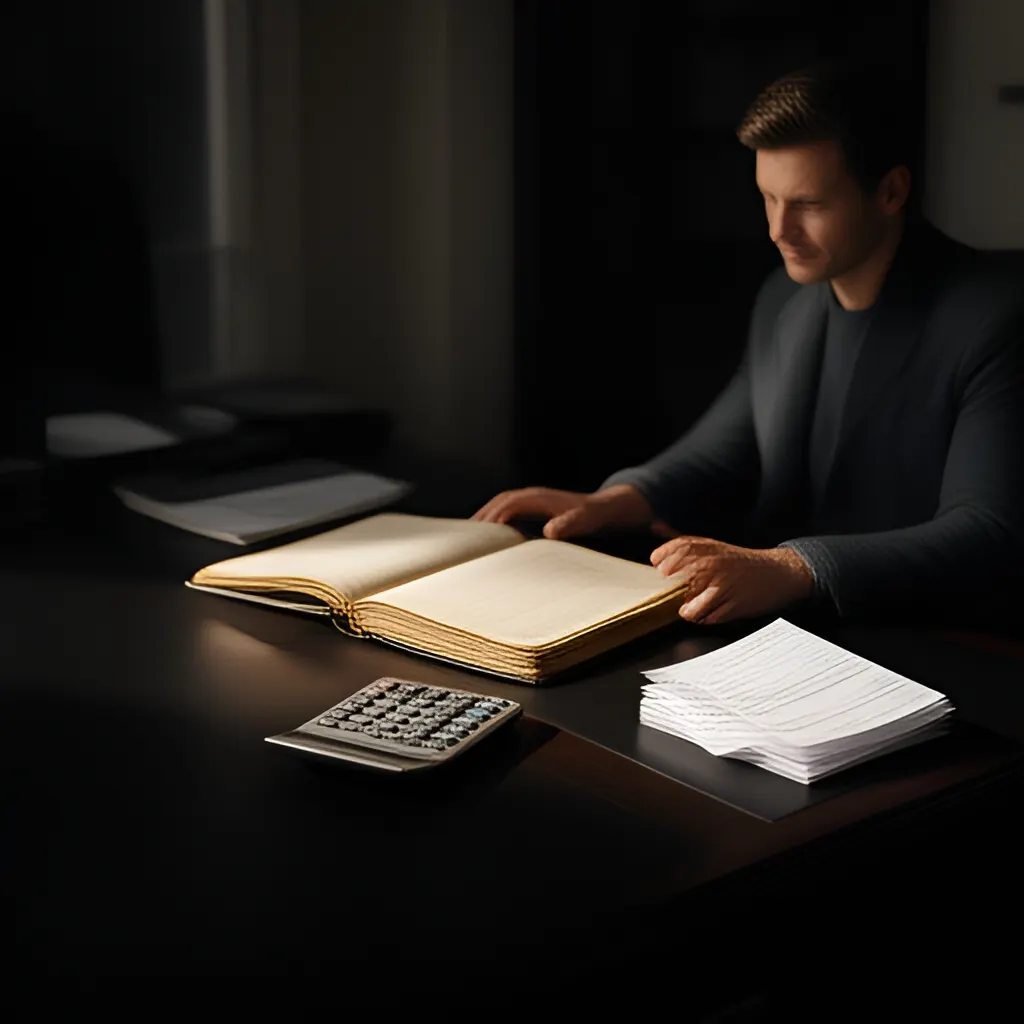 Editorial photograph of a founder at a real worktable comparing a paper ledger, a calculator and a few invoices in a quiet, naturally lit office, photographed in a wide establishing composition. Supports the section "The components of profit" in "Profit Framework".